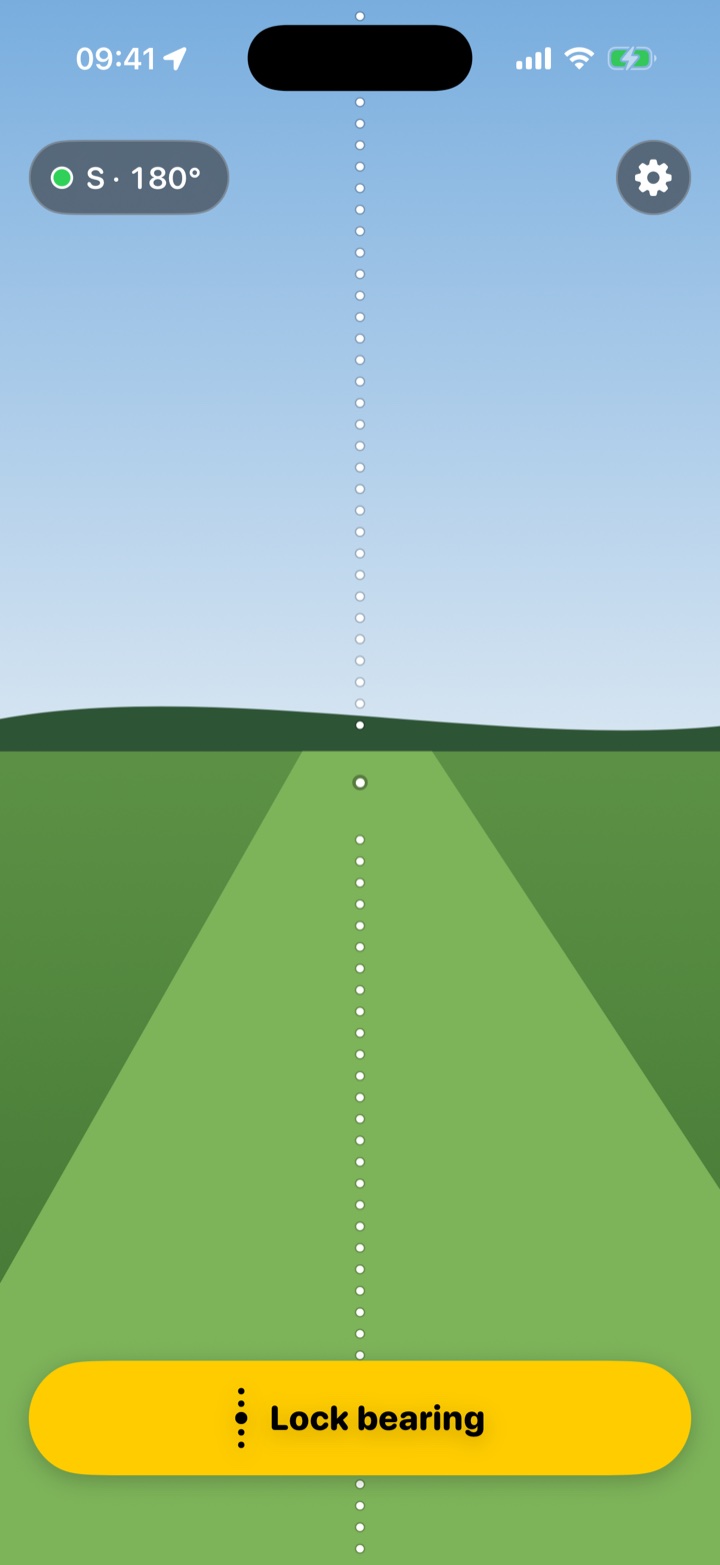 The Aim screen: a dotted line straight up the middle of the view, a green compass dot reading S 180°, and a yellow Lock bearing button.
