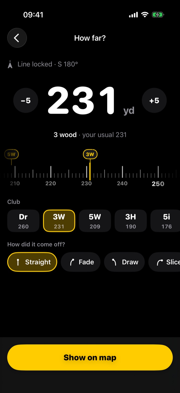 The Distance screen: 231 yards on a ruler with the 3 wood selected, and chips for straight, fade, draw and slice.